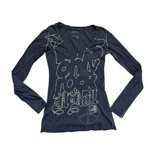 291 Venice Supima Cotton Long Sleeve V-Neck Graphic‎ Tee Grunge Emo Gray studded